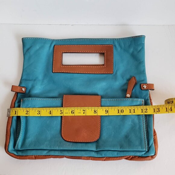 Vintage MODA in ITALIA Convertible 3in1 Leather Clutch Handbag Turquoise Cognac - Picture 5 of 13